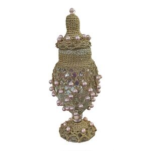 VTG 10.5” Jar With Lid Covered With Gold Mesh Netting Faux Pearl Beads Handmade
